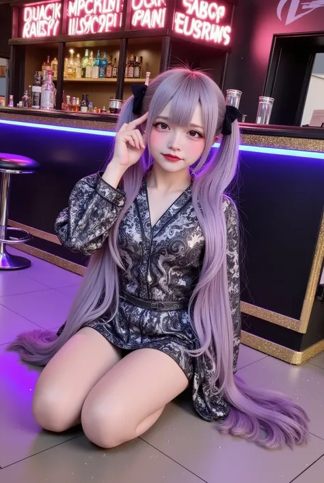 photo realistic,1girl(sitting on the ground, full body,parffect body, purple hair with gradient streaks of blue and silver,side twin tail, detailed face with glowing violet eyes, making a playful finger-framing gesture around her eye, Jiraikei_Fashion_Flux...