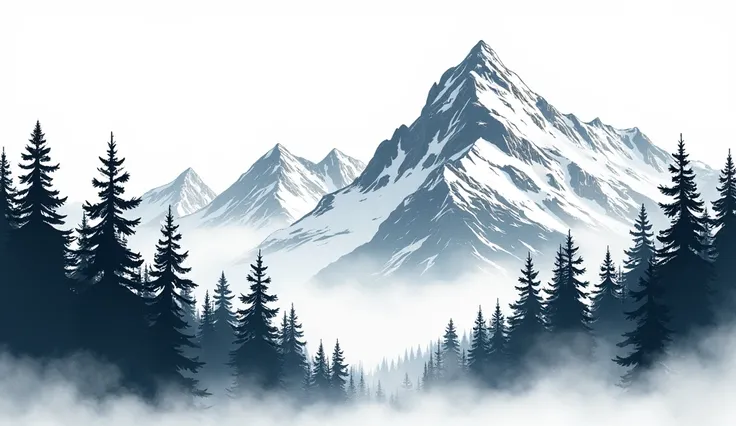  illustration of mountains and pine trees. , black outlines , white background