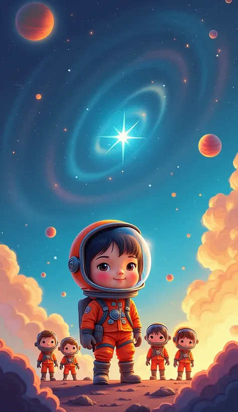 Cartoon Galaxy and mini astronaut in it 1 and a girl and 4 boys astronaut 