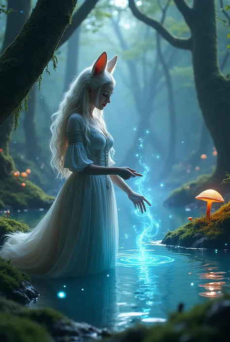 Create a fantasy scene featuring a mystical character with fox-like ears, standing gracefully beside a sparkling, crystal-clear pond in an enchanted forest. The character is holding a glowing blue flame in one hand, while the other hand is extended gently ...