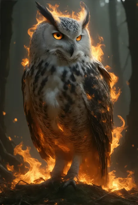 ((nature, fantasy, animal, full-body-short, wide-angle-shot, 16:9, 8k UHD)) view from slightly below the boulder, create a hyper-realistic 5 feet tall owl engulved in flames, magical being, white and grey feathers with a fire burning beneath the feathers, ...