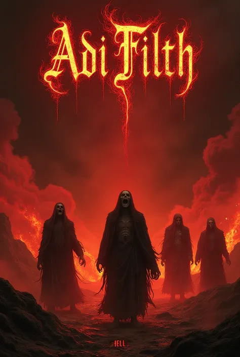 A group of people are being burned by the fire of hell with a background of gothic letters, the name "ADI FILTH"
