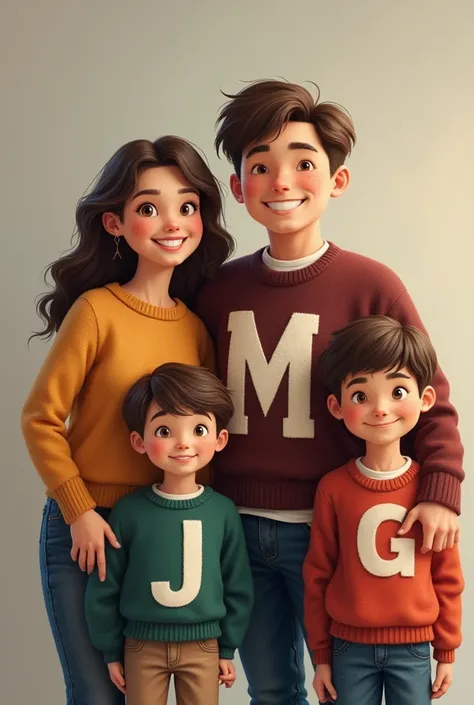 Create four people with smiles :  a mom with a sweater who wears the letter J and a dad with a sweater that wears the letter M and two ren ,  the first  boy who wears the letter M G in his sweater and the second  boy who wears the letter L A