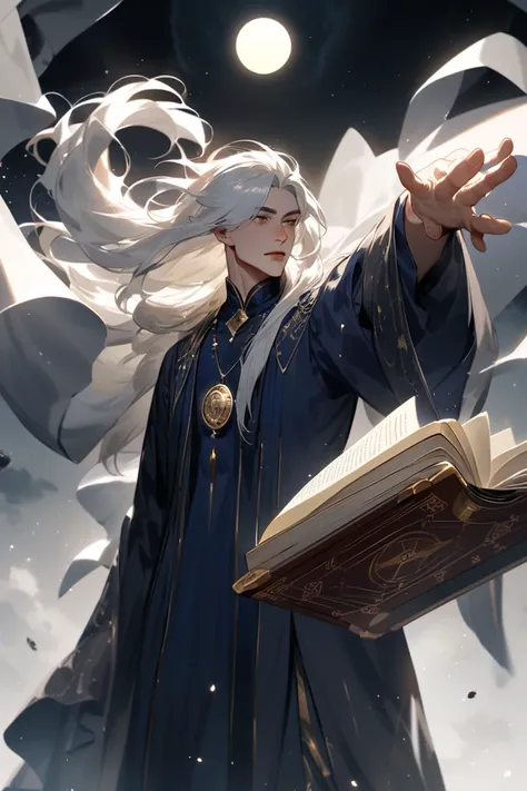 A handsome lunar Mage man, in his 20s, sharp features, wearing deep dark blue robes, white flowing hair, glowing phases of the moon embroidered into the hems and sleeves, a white moon book with symbol of moon on the back floating, rays of light coming from...