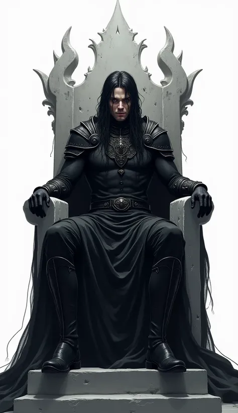 anime style illustration , handsome msucular man , long hair  , dark black color shadow skin , wearing black misty god like armour , in white background , sitting on a dark shadow throne made from white and black tuff materials , like a god of all things 