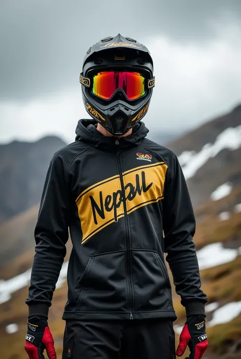 "A motocross rider standing outdoors, wearing a black helmet with reflective goggles, a black and gold jersey labeled Nepal, and red gloves. The setting is a rugged, cloudy landscape with patches of snow and grass, under a dramatic, overcast sky. The scene...