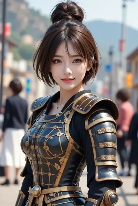 Please draw the brave and charming Oda Nobunaga as a woman in beautiful armor... Make her look realistic and reflect his distinctive armor and striking hairstyle. .