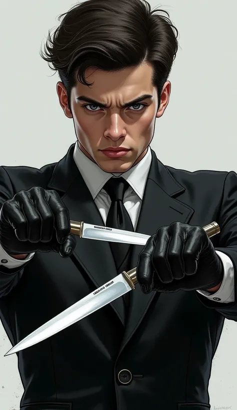 The background is an image of a young man in a black suit holding a knife in both hands showing only his upper body with a sword in both hands. Be sure to enlarge the image 