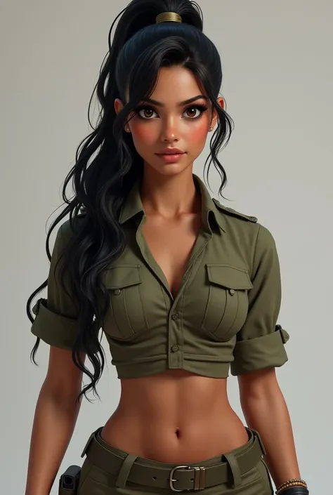 A hyper realistic 26-year-old woman of South Asian descent, standing at 58" with an athletic, toned physique. She has olive skin with a natural tan, radiant and smooth. Her face is oval-shaped with sharp, defined cheekbones, high eyebrows, and a straight n...