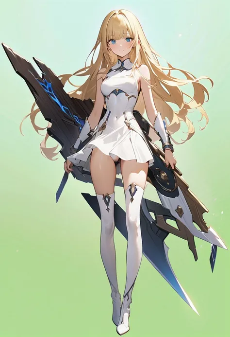 (green background:1.3), No wind, character sprite, Break, 
1 girl, (cute face), elegant, Confident Look, light smile, 19 years old, Tall, 170 cm tall,, Standing, full body, blonde long hair, hime cut, blue eyes, (medium breasts:1.2), slim, white elegant Ba...