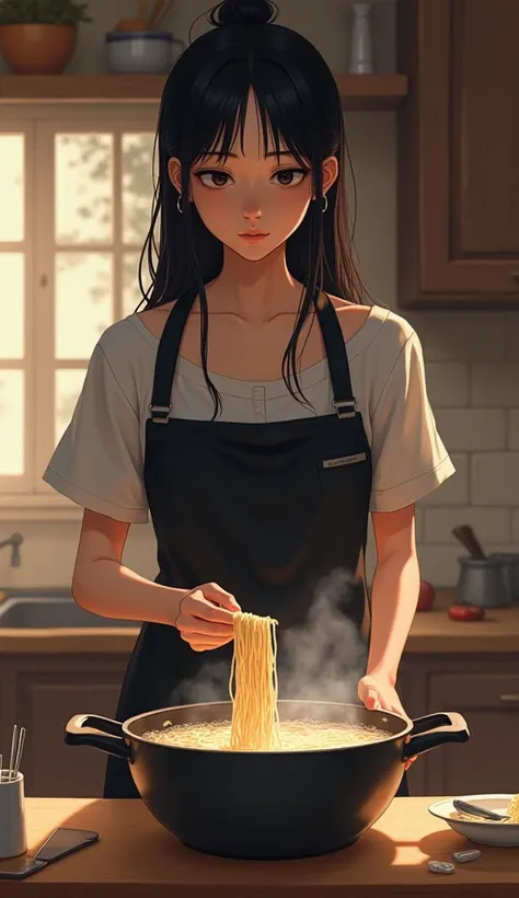 A girl is putting noodles in a pan with boiling water to cook ramen. The girl should looking into the pan. And the girl should wear a black apron 