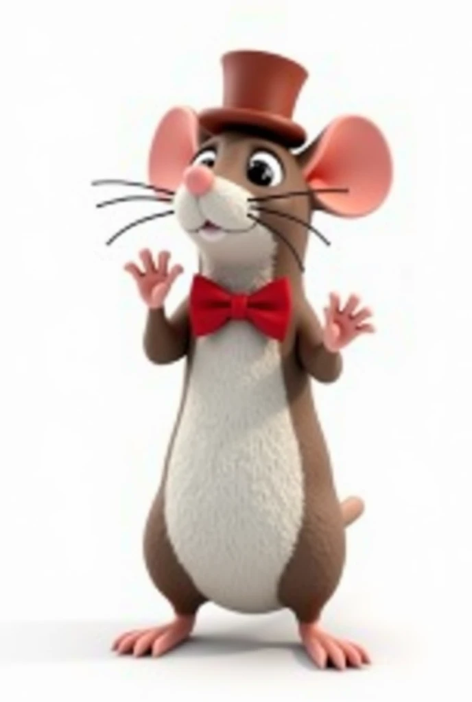 A realistic 3D model reference of a rat standing on its hind legs, with both front paws raised at the same height, wearing a small red bow tie and a matching top hat. The rat has smooth brown and white fur, Short Tail, with a clean and detailed texture, st...