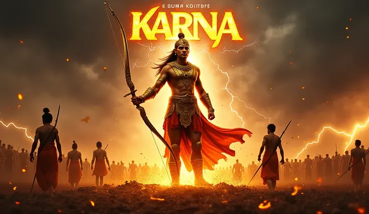 rompt:
“Create a dramatic and powerful poster of Karna, the legendary warrior of the Mahabharata, standing in the center of the battlefield of Kurukshetra. He is clad in his iconic golden armor, glowing with divine radiance, and holds his mighty bow, the s...