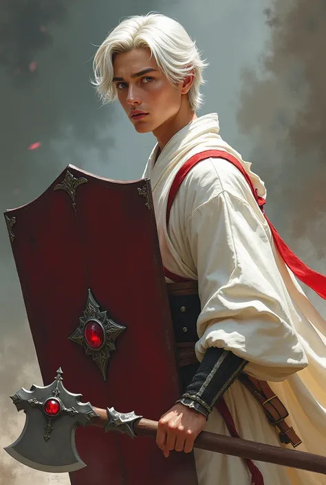 Extremely handsome young male Anglo Saxon pale short medium white hair brushed to the side in a white kimono with a red ribbon running from shoulder to waist holding a silver axe with a red ruby and a large burgundy shield in the shape of a rectangle looki...