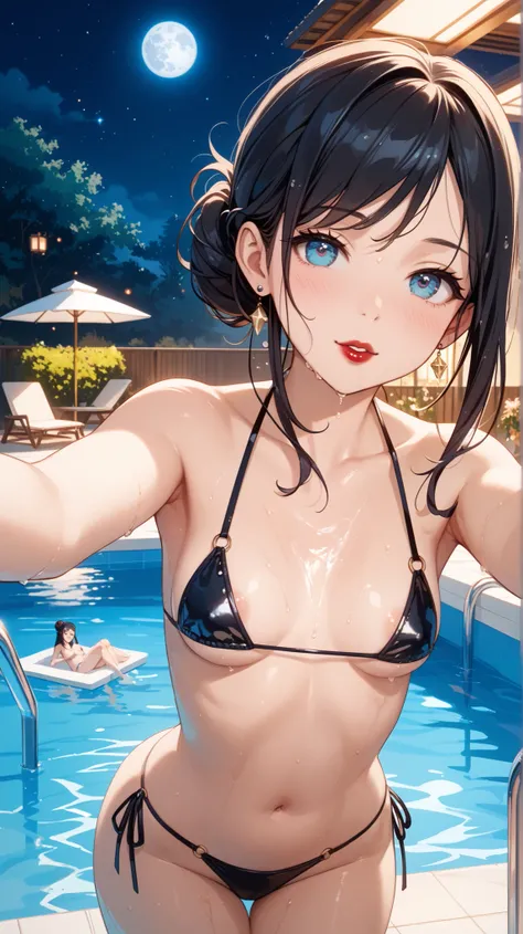  Ultra-high image  (16k)  with rich contrast and hyper-realistic textures .  Woman standing by a pool at night ,  seen from the front. She holds the camera with one hand ,  taking a selfie ,  while the other one rests on the waist. Her legs are slightly op...