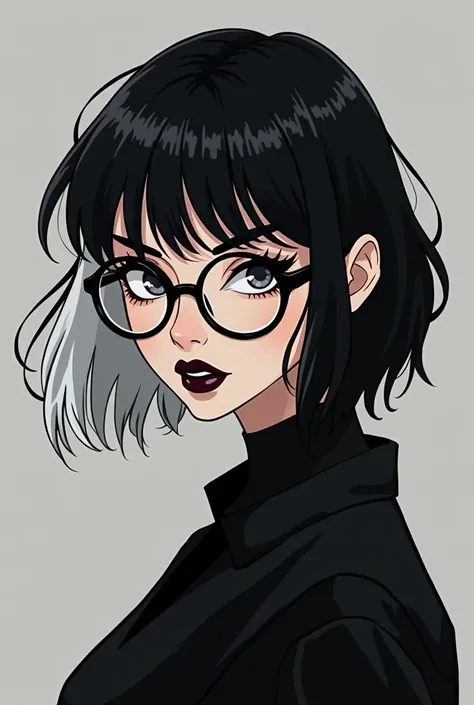  Create an animated image of a mysterious tomboy girl wearing glasses . With cool poses .  With black and white hair like Disney cruella.  With dark feminine makeup  