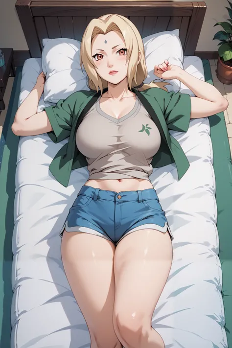 masterpiece, highly detailed  ,4k,Alone,1girl,stand,Tsunade, big boobs  , mini dres  ,  sexy shorts , lying on the mattress  , sunset light, tamoak front  