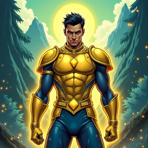  Create a Man named Elias he has short black hair and black eyes and a black eyeshadow and a serious face and he wears Virgos gold armor, an armor with shoulder straps and a small yellow crystal on the chest of the armor, and Elias wears blue pants plus th...