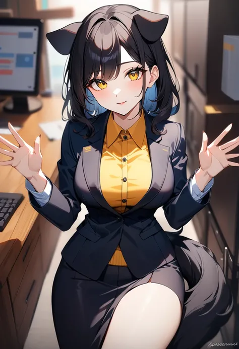 1girl, 8k, anime style, gentle dog girl, 24 years old, tall slender figure, medium breasts, short black hair, matching black dog ears and tail, bright yellow eyes, office attire, business setting, welcoming pose, high quality, detailed, warm colors, (profe...