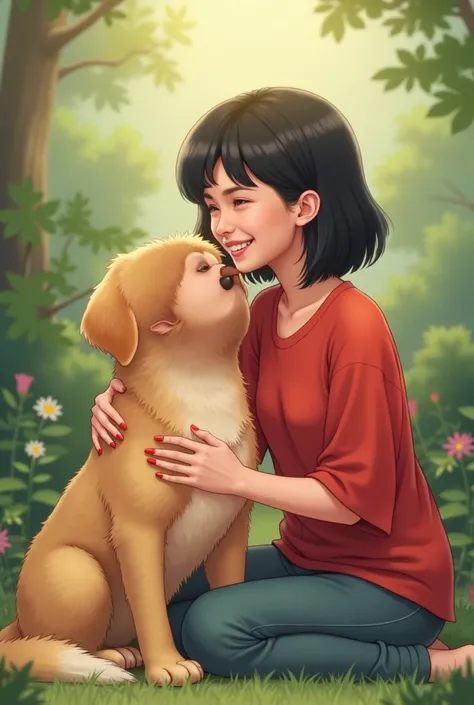  Golden blond dog with short haired woman, black hair and red shirt  