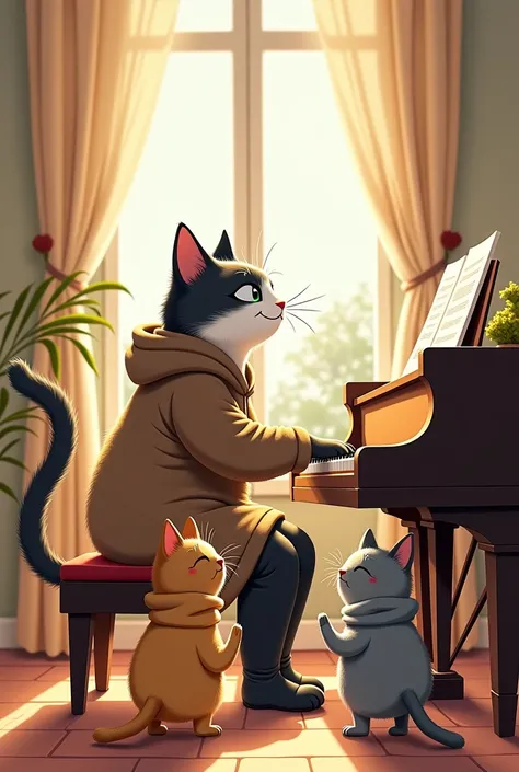 A middle aged wearing  a wool dress cat is playing piano and near her there are twoyoung cats one male and one female singing happily. They are in the living room. A rens book photo  the line of the drawing are clear every detail the characters must be car...