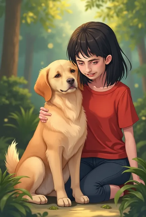  Golden blond dog with short haired woman, black hair and red shirt  