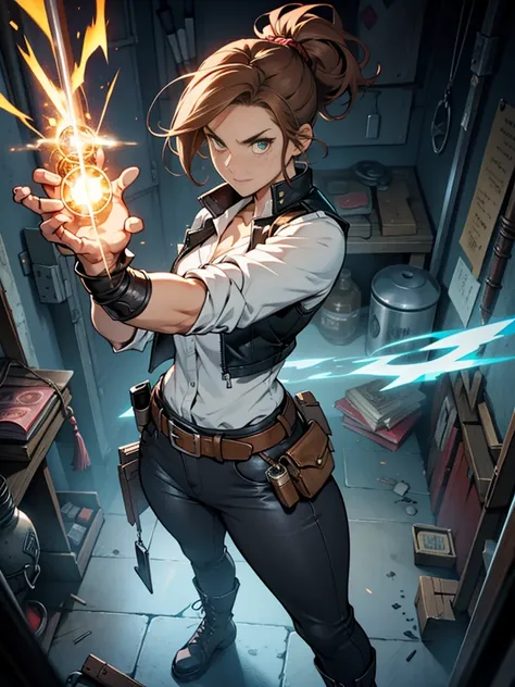  A full-body anime-style illustration of Professor Elaria Brightforge in an action pose.  She is a medium-sized human woman with an athletic and strong build .  She has light brown hair tied in a tall ponytail ,  with some loose tufts framing her slightly ...