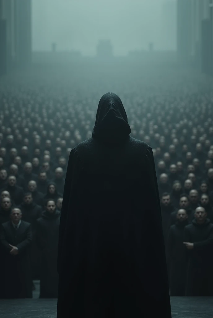 A man in black is surrounded by dark air standing in front of tens of thousands of people