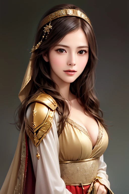 ((The upper body of a female warrior wearing gold and red armor and a cloak:1.4)),1 person,  black hair,  belly shortcut   ,Big breasts and cleavage,  high-definition face and skin texture  ,  staring at the camera,   Chinese Warrior:1.2,  perfect beauty: ...