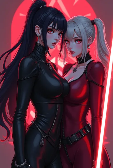 Anna from the Cold heart, in black botox, stands with a red lightsaber, next to Harley Quinn, in anime style