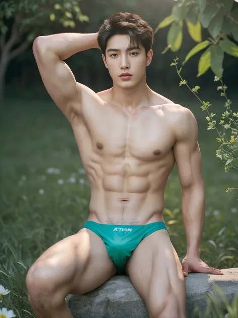 1 Man, ((male model )) healthy skin, masterpiece, best quality, most handsome man in the world, by Kim Soo-hyun, prefect body, beautiful male model, an attractive man 18-24 years old aesthetic, at spring flower booming, green fields, spring, plains, trees,...