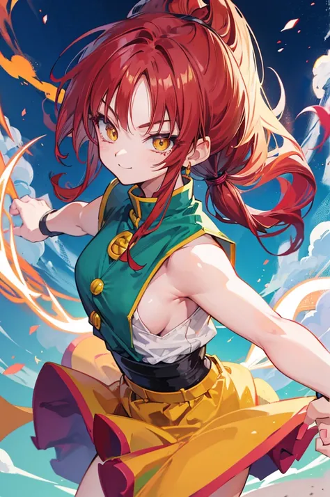 dragon ball, cute saiyan girl, little young, ponytail, crimson hair, yellow eyes, , smile, electricity, aura, energy, focus on face, broly super saiyan outfit