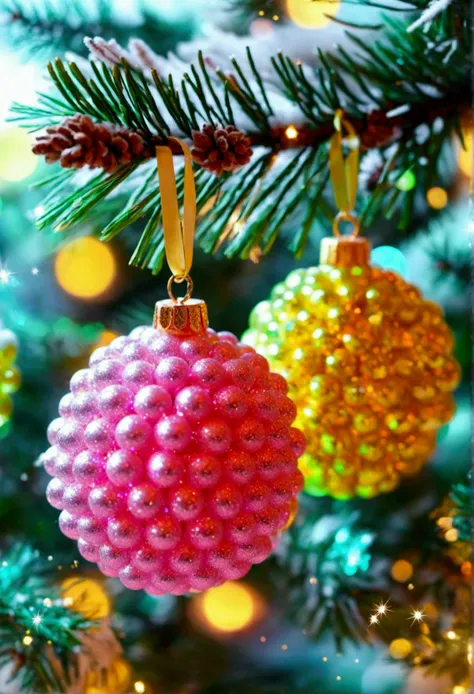 Beautiful balls hang on a fir branch ,  fluffy fur Christmas balls neon fur texture shiny glitter white-yellow-lilac-pink-peach tones 3d glass white-yellow-lilac-lime-peach tones 3d glass white-yellow-lilac-lime-pink-peach shiny glitter balls 3d hyperdetai...