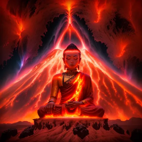 arafed image of a person sitting in front of a volcano, dark volcano background, made of lava, volcano background,  In the background,  emitting an evil red aura,  powerful zen composition , volcano eruption, volcano exploding, volcano setting, fire and la...