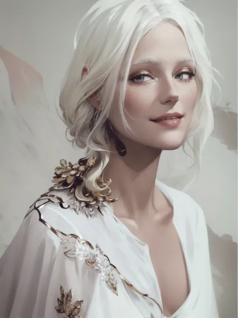 blond woman with white hair and a white blouse smiling, inspired by Grethe Jürgens, by Zofia Stryjenska, vivienne westwood, by Grethe Jürgens, photo from vogue magazine, style of paolo roversi, stunning art, a beautiful woman in white, by Béla Nagy Abodi