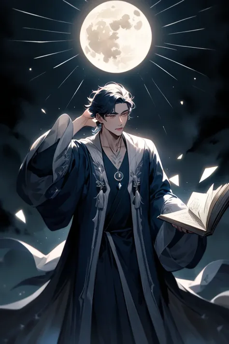 A handsome lunar Mage man, in his 20s, sharp features, wearing deep dark blue robes, white flowing hair, glowing phases of the moon embroidered into the hems and sleeves, a white moon book with symbol of moon on the back floating, rays of light coming from...