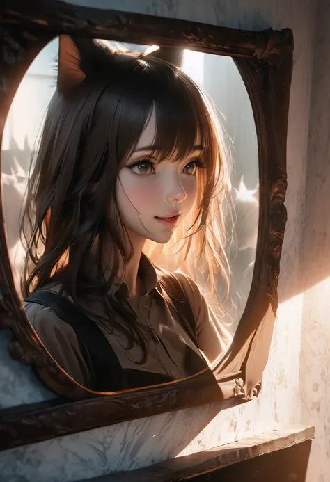 Cat ears are drawn on the mirror. When a cute woman looks in the mirror, she smiles shyly, as if she is wearing cat ears, professional and perfect composition, extremely delicate depiction, extremely clear image, various effects, bold and dynamic, contrast...