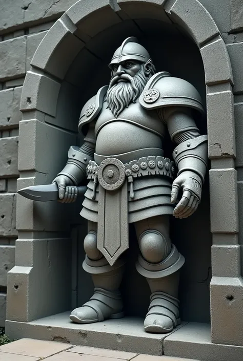 Dungeons and dragons, a massive stone door carved with an statue of a dwarf with a short knife in one hand and a sorrowful expression on his face. The dwarf is stocky and powerfully built. He is wearing heavy plate armor. He is wearing a helmet that shows ...