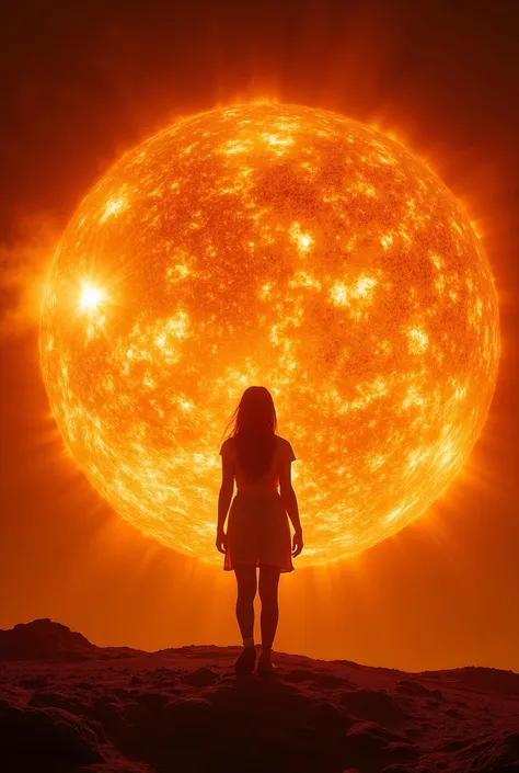 1girl standing at sun surface. looking huge solor tornado.focus on solar tornado. close-up of solar tornado.polar vortex.at ground, there is Solar flare, Solar spicule,solar prominence,Solar plage ,solar corona,coronal loops,dark filament,chromosphere,Sola...