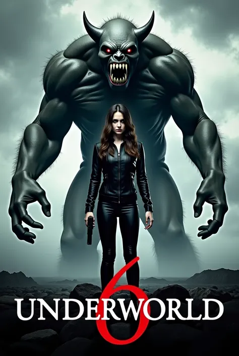 Create a poster for the movie "Underworld 6": The poster has the words "UNDERWORLD 6" printed in large letters at the bottom, with the words "UNDERWORLD 6" in white and the letter "O" replaced by a red circle. The poster focuses on the images of the two ma...