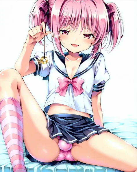 score_9, score_8_up, score_7_up, 1girl,solo, seduce,seductive, looking_down ,kawaii waifu, no breasts (flat chest), thighhighs, stripe socks (white and pink stripes),
short sleeves, white background, she is holding a pendulum in one hand (hypnotist holding...