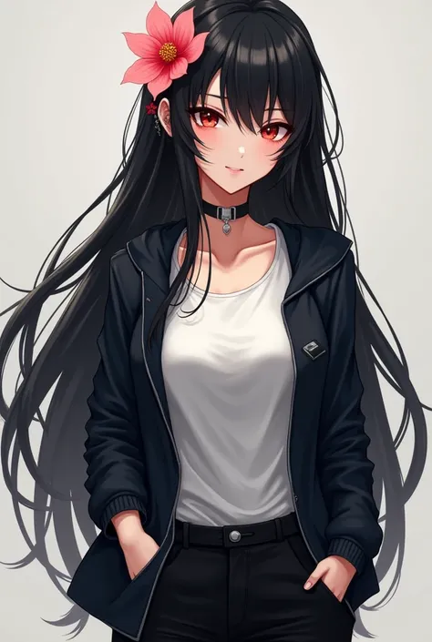 Character anime woman wearing a black jacket with a white t-shirt, black pants, has a flower on her head, red eyes, and black hair