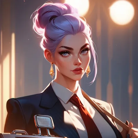 Adult female, long dyed silver hair in a professional bun, corporate business attire, expensive jewelry, pale skin, freckles, light makeup, holding briefcase, business headshot, 8k detail, dynamic lighting, blank expression 