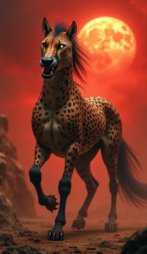 Create a hybrid version where features of a cheetah and a horse are seamlessly combined into a single entity. The creature should have the powerful, muscular body of a horse, but with the sleek, spotted coat and sharp facial features of a cheetah. Its hoov...