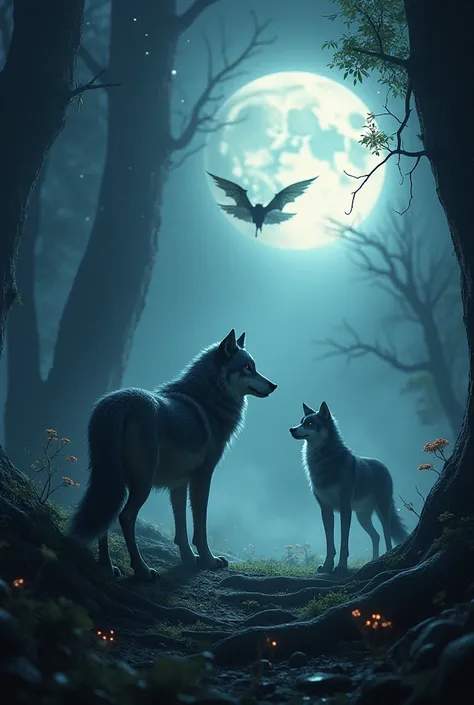 bat and wolf and moon