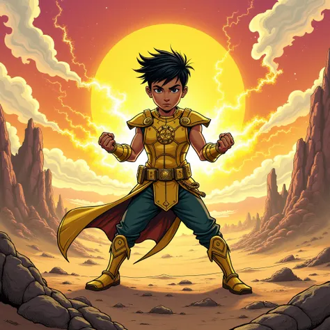 Create a boy with short black hair and black eyes and he has a serious face and he has Virgo gold armor and a yellow Aura of power and in a fighting pose, a desert setting, orange, sky, pink, white clouds.
Comic style (Do the traits of DC Comic Same )