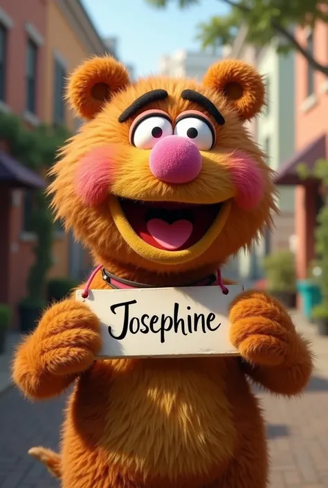 fozzie bear sending kisses and haldig an sign. on the sign there is writen the name "Josephine"