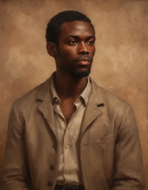 black man portrait, background beige, oil painting style