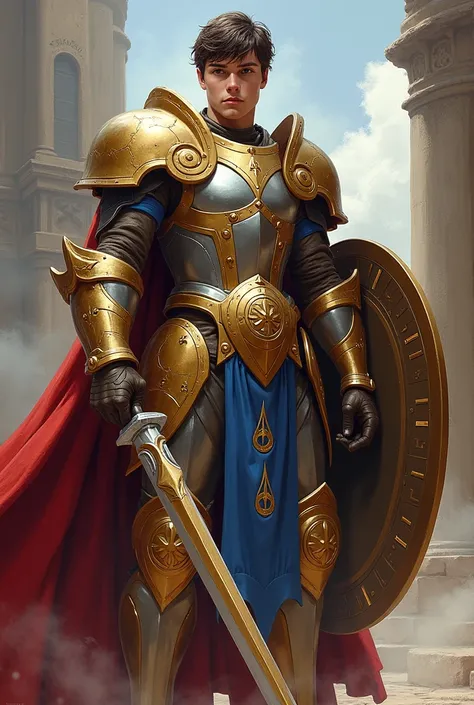  a boy with youthful appearance Broad-shouldered and imposing, with a chiseled, disciplined demeanor. Their eyes burn with resolve, and their stance exudes unshakable confidence.  
- *Clothing Style*: Ornate, polished armor in gold and silver, with a long ...