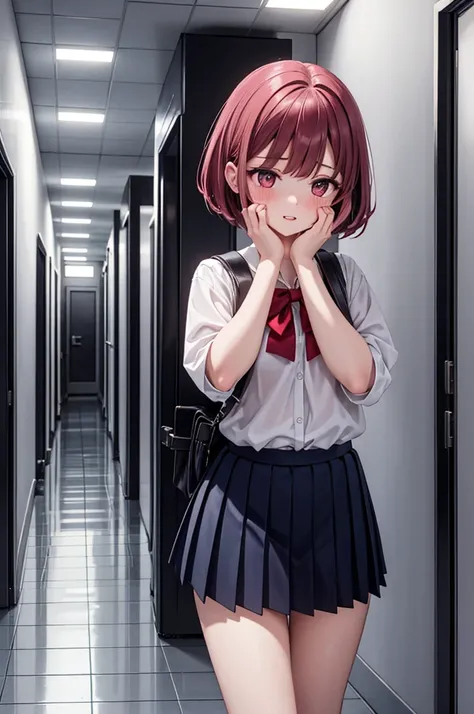 A young woman stands frozen in the center of a brightly lit school hallway, surrounded by indistinct, blurry figures of onlookers. She is dressed in a neatly pressed pleated skirt and blouse, appropriate for a student. Her face is bright red, with visible ...